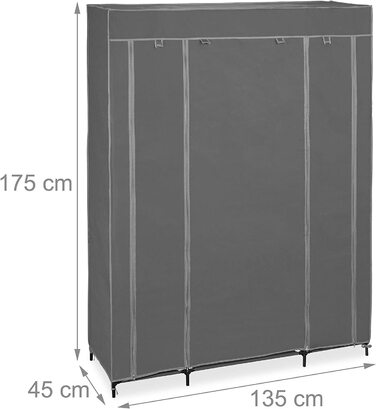 Relaxdays Stoffschrank mit Kleiderstange & 12 Ablagen, HBT: 175x135x45cm, Kleiderschrank mit Reißverschluss, anthrazit
