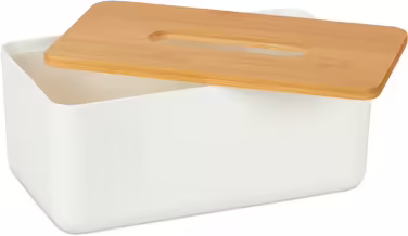 Tücherbox mit Bambusdeckel, fürs Bad, modernes Design, Kunststoff, 10x3x13 cm, weiß/Natur (4)