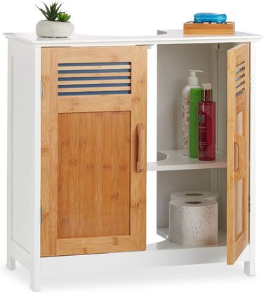 Relaxdays Waschbeckenunterschrank, Bambustüren, verstellbar, Siphon-Aussparung, 60x60x30cm, natur/weiß