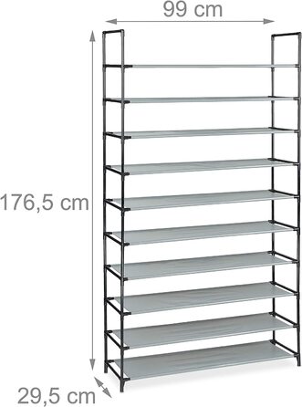 Relaxdays XXL Schuhregal Stecksystem, 10 Ebenen, für 50 Paar Schuhe, Stoff Schuhständer HBT 176,5x99x29,5 cm, (Grau)