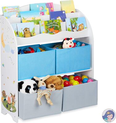 Relaxdays Kinderregal, 4 Boxen,  Motiv, Spielzeug Aufbewahrung, Kinderzimmer HxBxT 98 x 82,5 x 30 cm, bunt (Lagerfeuer)