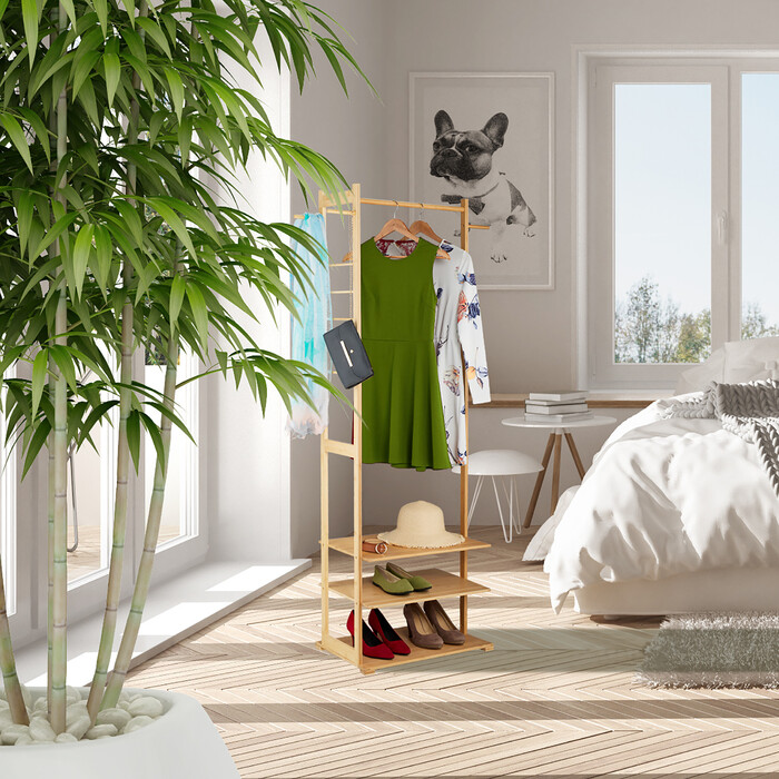 Relaxdays Bambus Kleiderständer mit 3 Ablagen