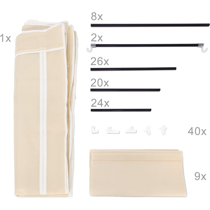 Relaxdays 1 x Faltschrank Valentin XXL, Stoffschrank, 2 Kleiderstangen, 9 Ablagen, Kleiderschrank, HBT 173 x 148 x 42,5 cm, beige 1 Beige 1 Stück