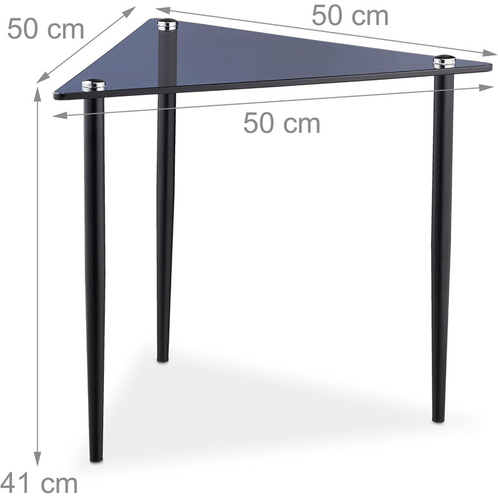 Relaxdays Beistelltisch, Couchtisch dreieckig, HBT 41x50x50 cm, Glas & Stahl, Wohnzimmer, Sofatisch modern, grau-schwarz