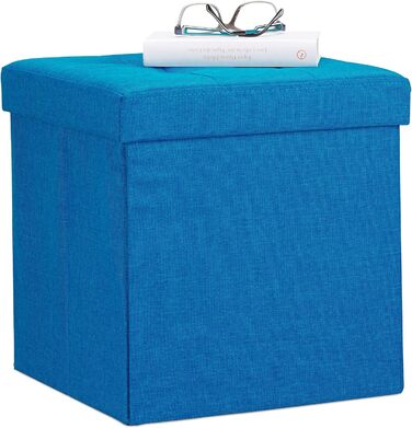 Relaxdays Faltbarer Sitzhocker, Sitzcube, Leinen, mit Deckel, 38x38x38 cm, Blau