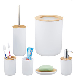 Relaxdays Badezimmer Set, 6-teilig, Badaccessoires Kunststoff, Bambus, komplette Badezimmerausstattung, Badset, (Weiß)
