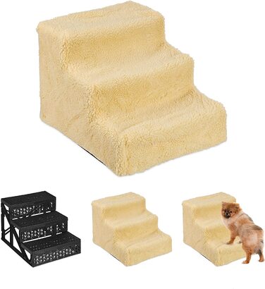 Relaxdays Hundetreppe 3 Stufen, kleine & große Hunde, Bett & Couch, Stoffbezug, Tiertreppe innen, HBT 30x35x45 cm, (beige, 30 x 35 x 45 cm)