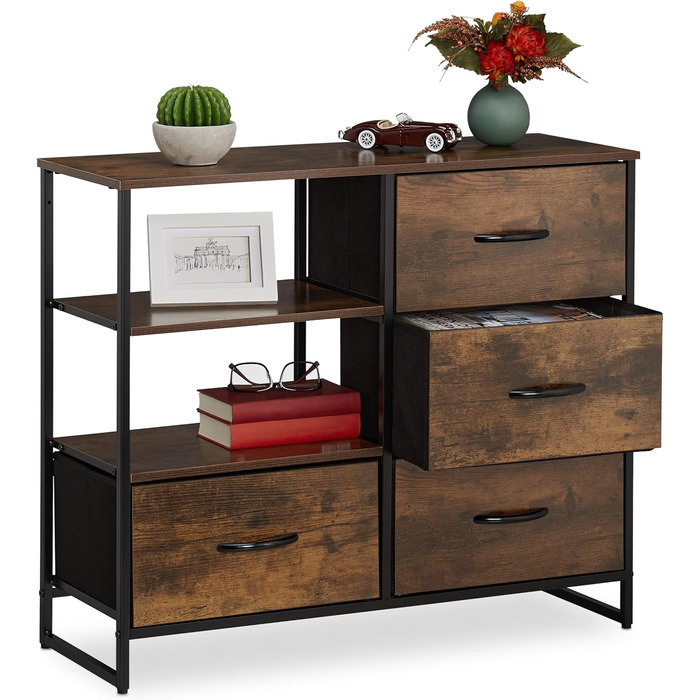 Relaxdays Kommode Industrial, 4 Schubladen, HBT: 71,5x84x32,5 cm, Stoff/Metall/Holzoptik, braun/schwarz