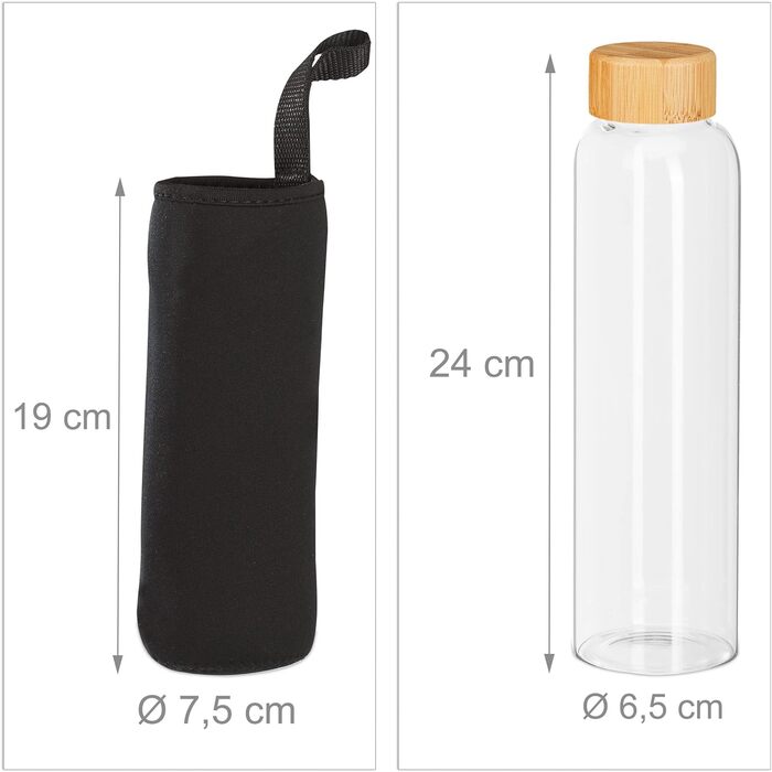 Relaxdays Trinkflasche mit Bambusdeckel, 6er Set, 500 ml, Wasserflasche mit Hülle, Borosilikatglas, transparent/schwarz 6er Set Transparent/ Schwarz
