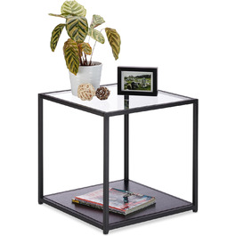 Relaxdays, schwarz Beistelltisch Glas+Holzablage, Metallgestell, robust, quadratisch, Flacher Couchtisch HBT 50x50x50 cm, Standard