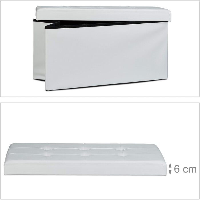 Relaxdays Faltbare Sitzbank, 2-Sitzer mit Stauraum, Kunstleder, 300 kg belastbar, weiß