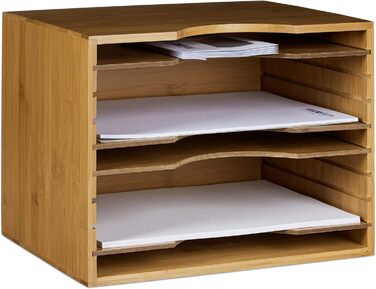 Relaxdays Briefablage aus Bambus HBT: ca. 26 x 33 x 24,5 cm Ablagesystem für den Schreibtisch Dokumentenablage mit 4 variablen Einlegeböden Papierablage aus Holz für Briefe und Unterlagen, natur