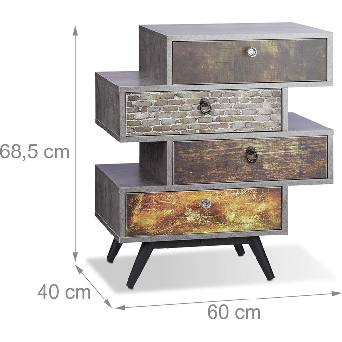 Relaxdays Vintage Kommode, 4 Schubladen, Lowboard in Betonoptik, Motiv, HBT: 68x60x40 cm, grau