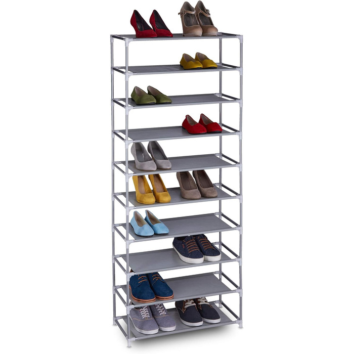 Relaxdays,  Stoff Schuhregal Stecksystem, 10 Ebenen, für 30 Paar Schuhe, Schuhständer hoch HxBxT 150 x 62 x 28 cm, 1 Stück (Grau)
