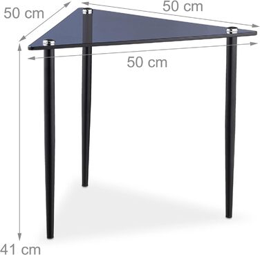 Relaxdays Beistelltisch, Couchtisch dreieckig, HBT 41x50x50 cm, Glas & Stahl, Wohnzimmer, Sofatisch modern, grau-schwarz
