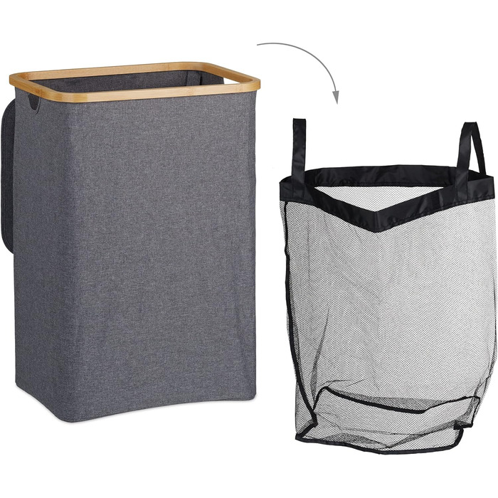 Relaxdays Wäschekorb mit Deckel, 130 l, Wäschesammler Bambus & Polyester, tragbar, atmungsaktiver Wäschesack,  90 10, (66 x 45 x 36.5 cm, Grau/Natur)