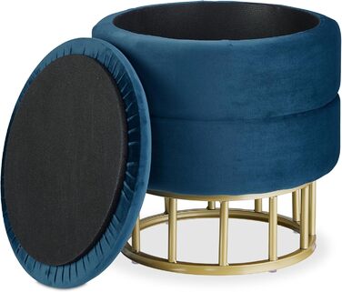 Relaxdays Samthocker mit Stauraum, runder gepolsterter Sitz, 40x40 cm, blau/Gold