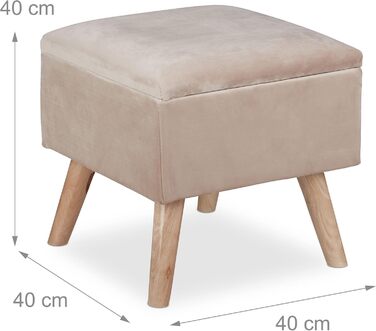 Relaxdays Samthocker mit Stauraum, gepolstert, eckig, Holzbeine, 40x40x40 cm, Creme