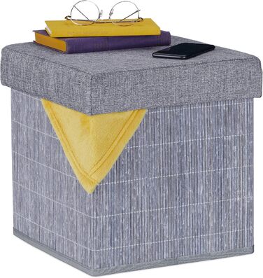Relaxdays Sitzhocker mit Stauraum, faltbar, Bambus, Stoff, 36x35x35 cm, grau