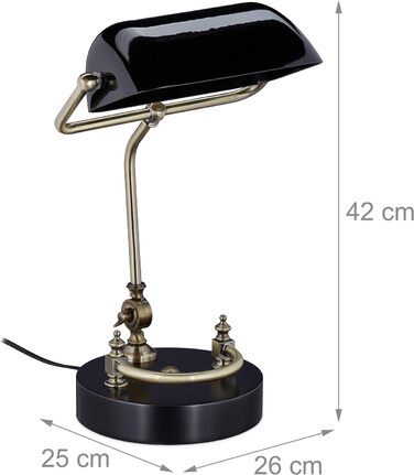 Relaxdays Bankerlampe, Glasschirm, Holzfuß, neigbare Bibliothekslampe, E27-Fassung, Schreibtischlampe Retro, schwarz