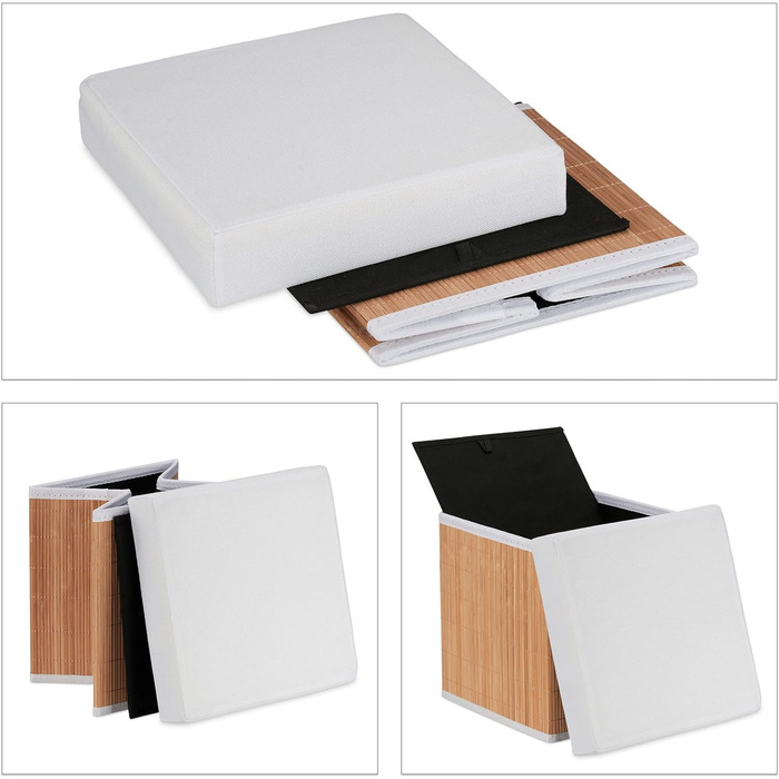 Relaxdays Sitzhocker mit Stauraum, faltbar, 35x35x35 cm, Bambus, natur/weiß