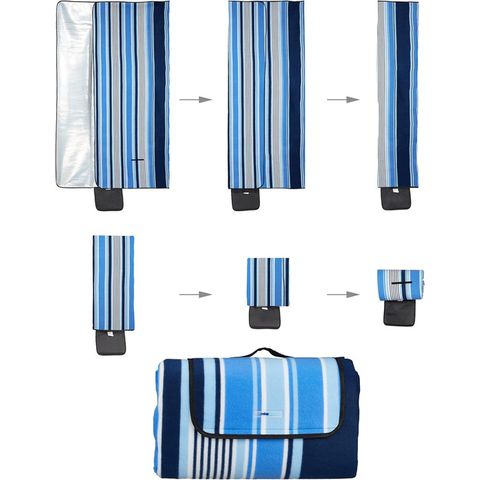 Relaxdays XXL Picknickdecke, 200x300 cm, wasserdichte Unterseite, Tragegriff, Fleece Isolierdecke, gestreift, blau-weiß