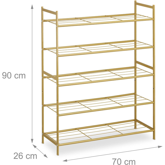 Relaxdays Schuhregal, Metall, 5 Ebenen, stapelbar, erweiterbar, HBT: 90x70x26cm, 15 Paar Schuhe, (Gold)