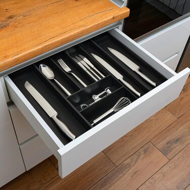 Relaxdays Besteckkasten, Bambus, HBT 6,5 x 35-58 x 43,5 cm, 6-8 Fächer, schwarz
