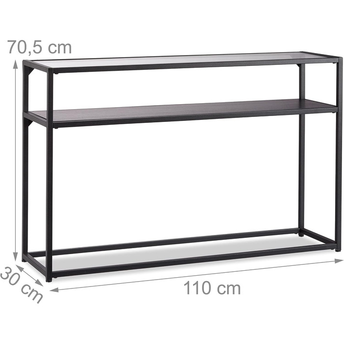 Relaxdays Konsolentisch, Glasplatte, Metallgestell, Ablage, 4 Beine, 70,5x110x30 cm, schwarz