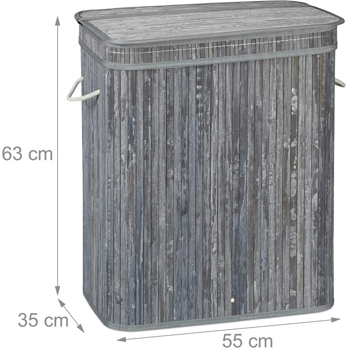 Wäschekorb Bambus, rechteckig, 2 Fächer, Klappdeckel, faltbar, 95 l