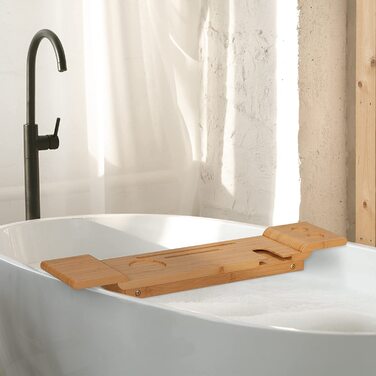Relaxdays Badewannenablage Bambus, 70cm breit, Badetablett für Glas, Handy, Tablet, Badewannenbrett zum Einhängen, Natur