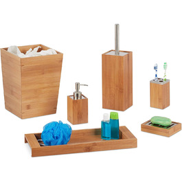 Relaxdays Bad Set, 6-teilig, Bambus, Seifenspender, Seifenhalter, Bürstenhalter, Zahnputzbecher, Ablage, Badeimer, natur