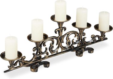 Relaxdays Kerzenständer antik, 5-armig, Kerzenhalter Stumpenkerzen, Shabby Chic, Gusseisen, HBT 20 x 59 x 9,5 cm, (Schwarz/Gold, Single)