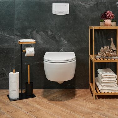 Relaxdays WC Garnitur, Bambus, Eisen, freistehender Klopapierhalter, Toilettenbürste mit Halter, schwarz/Natur