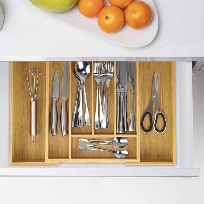 Relaxdays Besteckkasten, ausziehbar, 5-7 Fächer, Bambus & MDF, Besteck Organizer