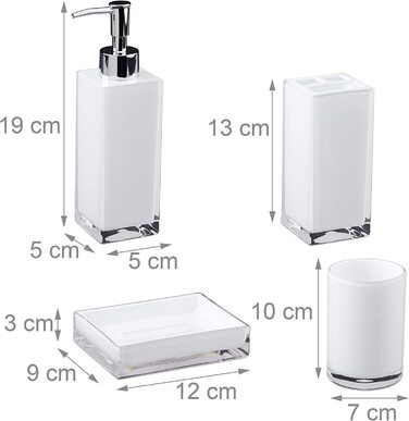 Relaxdays Badaccessoires Set 4-teilig, modern, Zahnputzbecher, Zahnbürstenhalter, Seifenspender, Seifenschale,  9 x 12 x 19.5 cm (Weiß)