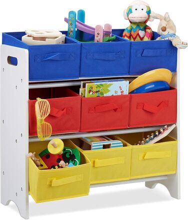 Relaxdays, weiß/bunt Kinderregal mit Boxen, 9 Faltbare Körbe mit Henkeln, Metallrohre, Spielzeug, MDF, HxBxT: 62x63x28cm, Standard