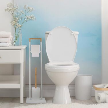 Relaxdays WC Garnitur, Bambus, Edelstahl, stehender Klopapierhalter, Toilettenbürste mit Halter (Weiß/Natur)