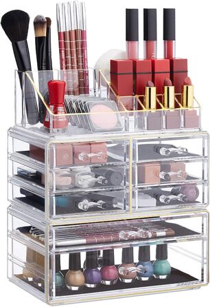 Relaxdays  x Make Up Organizer mit Schubladen, stapelbarer Schmuckkasten für Make Up, Acryl Schminkaufbewahrung,     Stück (1, Transparent-gold, 1 Stück)
