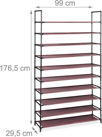 Relaxdays XXL Schuhregal Stecksystem, 10 Ebenen, für 50 Paar Schuhe, Stoff Schuhständer HBT 176,5x99x29,5 cm, (Bordeaux)