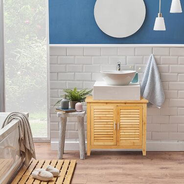 Relaxdays Waschbeckenunterschrank LAMELL, 2 Türen, Bambus & MDF, 60x67x30 cm, natur