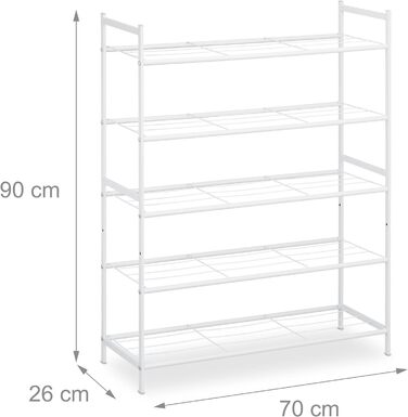Relaxdays Schuhregal, Metall, 5 Ebenen, stapelbar, erweiterbar, HBT 90x70x26 cm, 15 Paar Schuhe, weiß