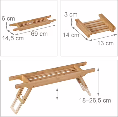 Relaxdays Badewannenablage Bambus, 69 cm breit, ausklappbare Füße, Badewannenbrett mit Seifenablage, Wannenablage, Natur