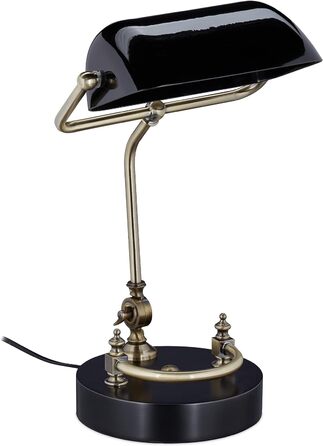 Relaxdays Bankerlampe, Glasschirm, Holzfuß, neigbare Bibliothekslampe, E27-Fassung, Schreibtischlampe Retro, schwarz