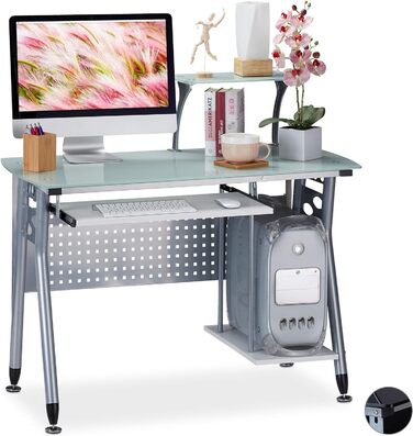 Relaxdays Computertisch, Glas, Tastaturauszug, Rechnerfach, 98x105x55 cm, modern, weiß, PB, Metall