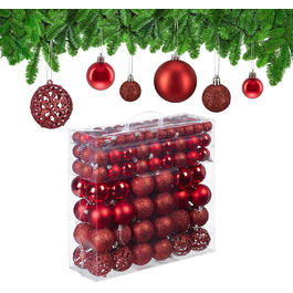 Relaxdays 150er Set Weihnachtskugeln, glitzernd, matt & glänzend, Kunststoff, ∅ 3, 4 & 6 cm, Rot