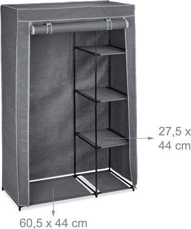 Relaxdays Stoffschrank mit Kleiderstange & 5 Ablagen, Faltschrank mit Reißverschluss, HBT: 161x105,5x45cm, anthrazit