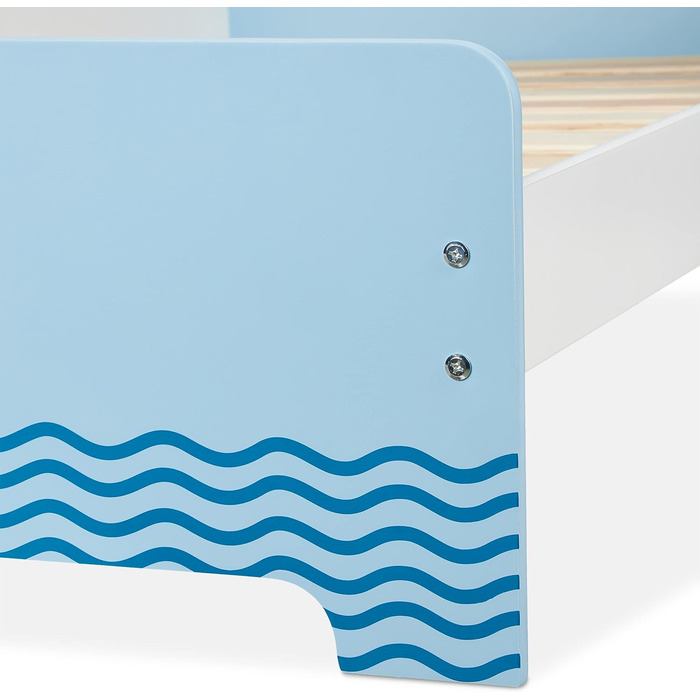 Relaxdays Kinderbett mit Rausfallschutz, HBT: 60x77x143 cm, Lattenrost, Kleinkindbett mit Seefahrt-Motiv, MDF, blau/weiß