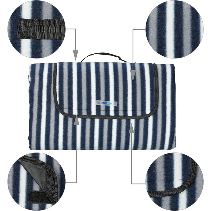 Relaxdays XXL Picknickdecke, 200 x 200 cm, Fleece Stranddecke, wärmeisoliert, wasserdicht, Tragegriff, blau/grau/weiß