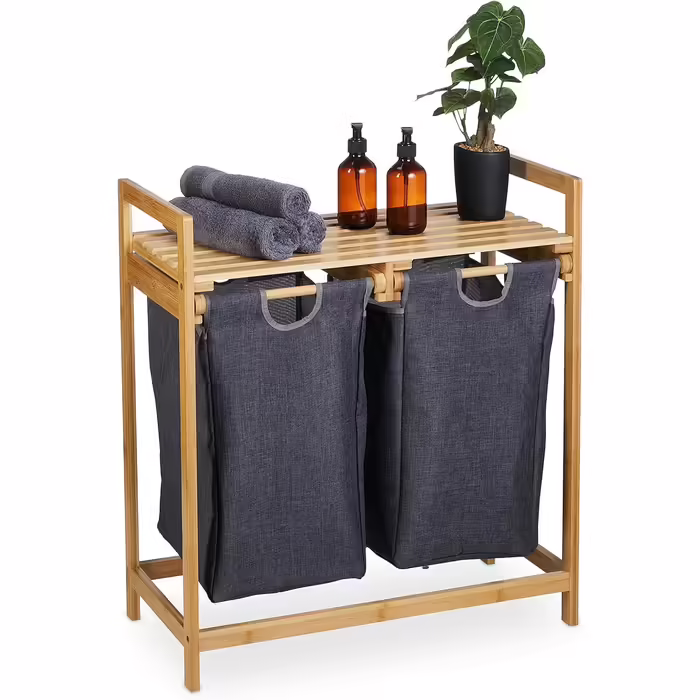 Relaxdays Wäschekorb Bambus, 2 Fächer, ausziehbar, 60L, Natur, 1 Stück (Grau)